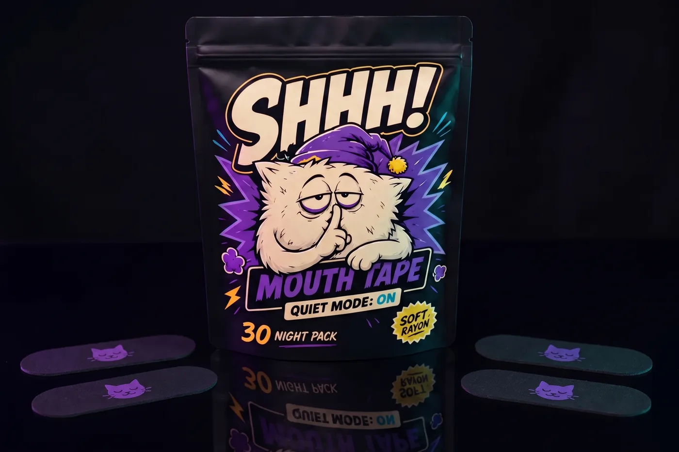 SHHH! 30-night pack concept with four wide-oval mouth tapes